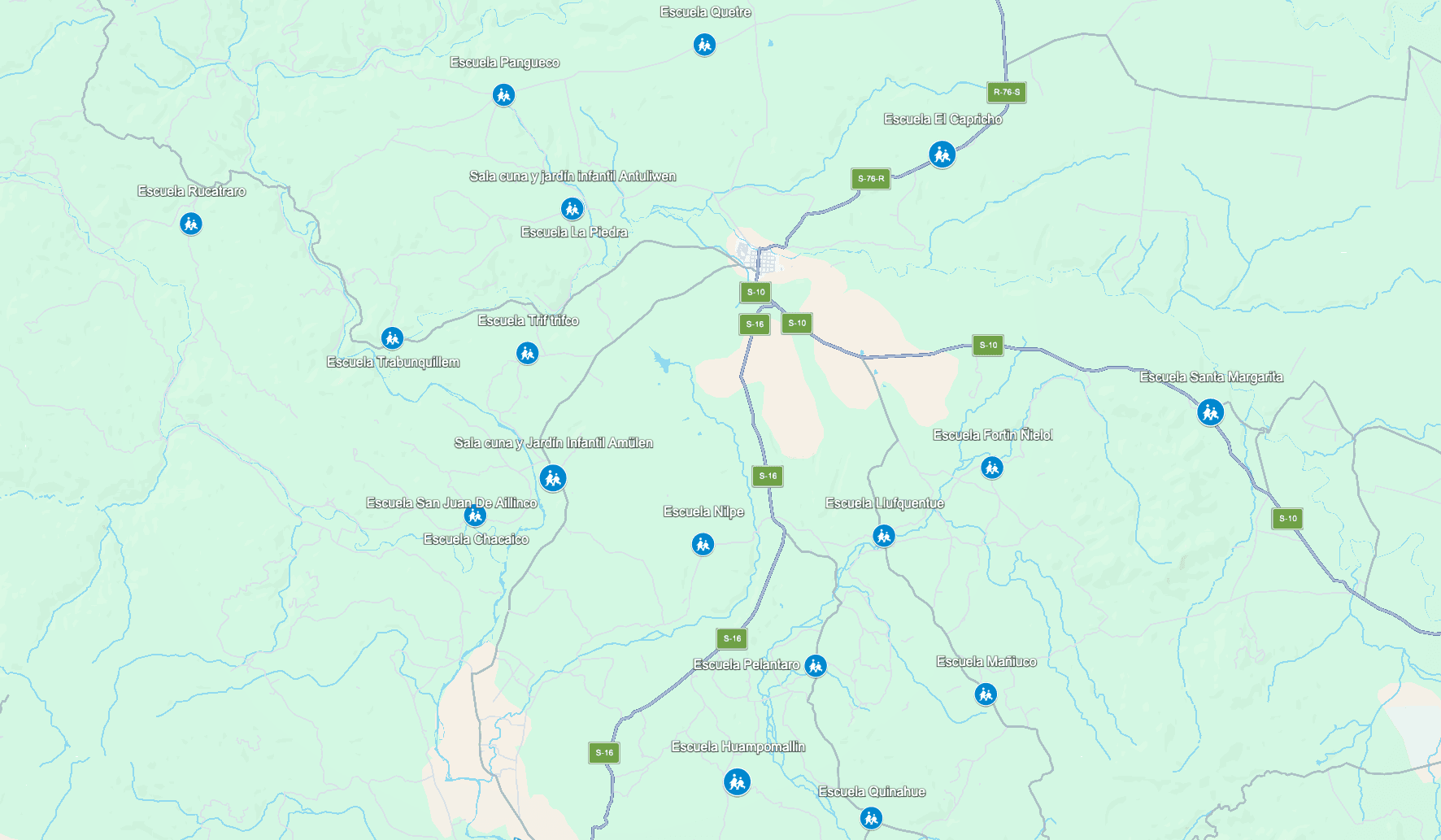 Mapa rural de la comuna de Galvarino con la ubicación de las escuelas rurales