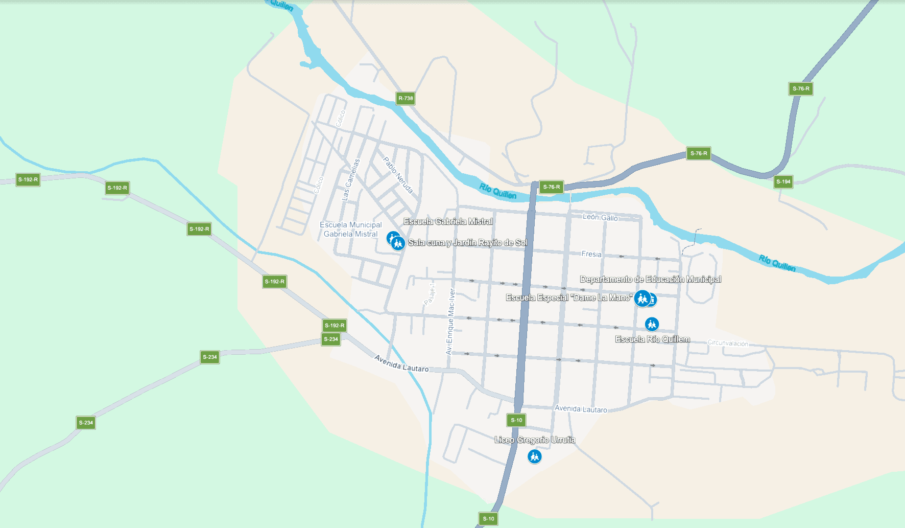 Mapa del casco urbano de Galvarino con la ubicación de los establecimientos municipales